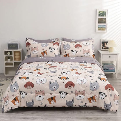 Kids Comforter Set 7 Piece Bedding Cute Dog Cartoon Animal Bed Microfiber Comforter Full Size All Season (1 Comforter, 1 Flat Sheet, 1 Fitted Sheet, 4 Pillowcase)