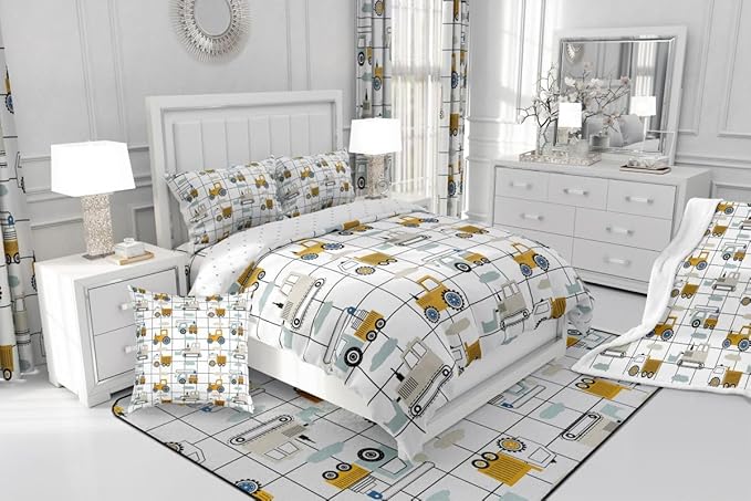 Feelyou Construction Truck Comforter Set Queen Size Kids Machinery Truck Excavators Vehicles Comforter for Boys Teens Cartoon Tractor Bedding Set Excavator Tractor Plaid Grid White Duvet Set Quilt Set