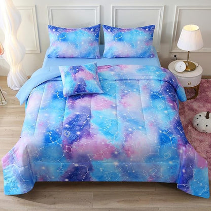 Galaxy Constellation Print Comforter Set Full Size Girls Gradient Bedding Set,6 Piece Bed in a Bag with Sheet Bedding Gift for Kids(Blue)
