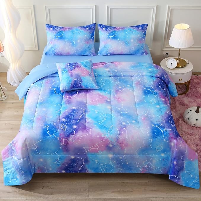 Galaxy Constellation Print Comforter Set Twin Size Girls Gradient Bedding Set,6 Piece Bed in a Bag with Sheet Bedding Gift for Kids(Blue)