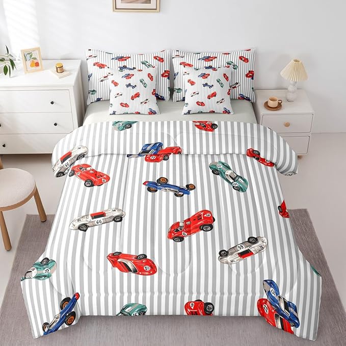 Feelyou Race Car 7 Piece Bedding Set King Size Cartoon Cute Car Comforter Set with Sheets for Kids Boys Girls Speed Sports Bed in a Bag Extreme Sports Bed Set Soft Lightweight