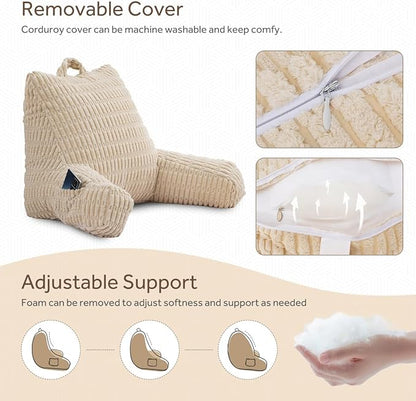 Holawakaka Adults Reading Pillow with Arms,Backrest Reading & Rest Pillows for Sitting Up in Bed, Bed Rest,Lounging, Working on Laptop,Arms Back Support Cushion for Men Women Teens,Cream