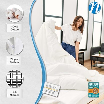 National Allergy Premium 100% Cotton Duvet Comforter Protector - King Size - 106" x 86" - White - Breathable 300 Thread Count Hypoallergenic Cover - Zippered Encasement - Bedding Linen