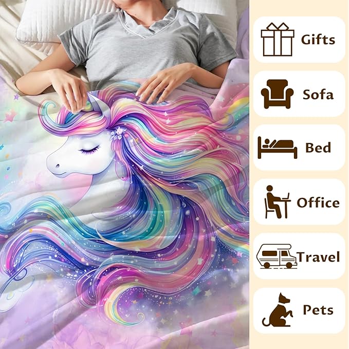 Unicorn Throw Blanket, 60"x50", Purple, Flannel, Soft, Warm, Breathable, All Seasons, Kids, Girls, Women, Gift