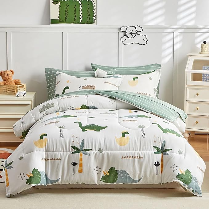 Joyreap Bed in a Bag Cotton, Dinosaur Theme Fresh Green, Queen Size 7-Piece Cotton Bedding Comforter Set for Kids Boys n Girls- 1 Comforter, 2 Pillow Shams, 1 Flat Sheet, 1 Fitted Sheet, 2 Pillowcases