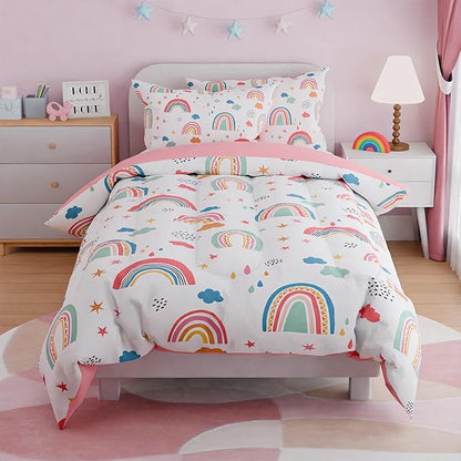 SANDJEST Rainbow Twin Bedding Set for Girls, Ultra Soft Microfiber Comforter Set Twin Size with 3-Pieces for Kids Teen, Bed Set Comforters for Bedroom Decor