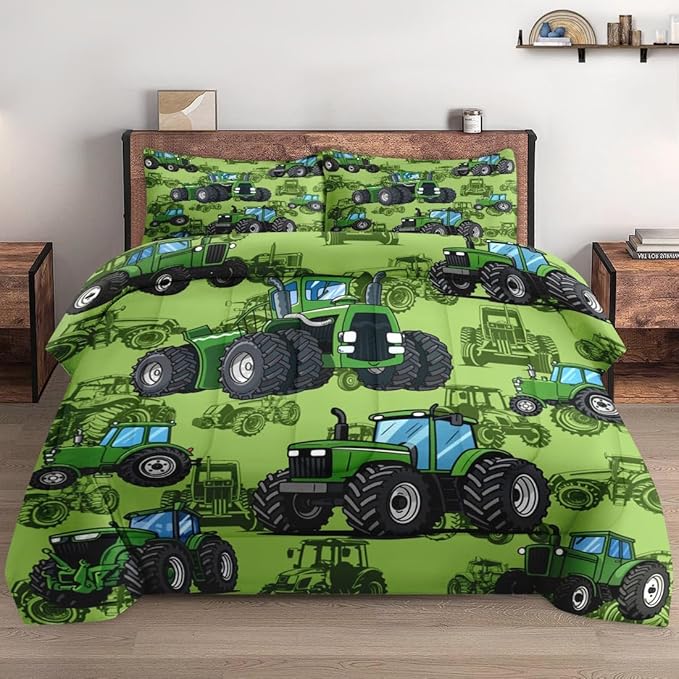 Queen Size Car Comforter Set with 2 Pillowcase, Farm Tractor Summer Soft Green 3 Pcs Bedding for Kids and Adults, Plant Dirt Wheel Comforter Set for Room Bedroom Bed Decor