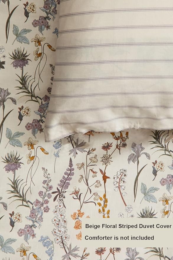 Floral Duvet Cover King 3 Pieces Aesthetic Reversible Striped Bedding Set Farmhouse Botanical Flowers Design Soft Washed Microfibre,1 Beige Duvet Cover with 2 Pillowcases