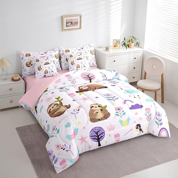 Erosebridal Kids Floral Sloth 7 Piece Bedding Sets Cartoon Animal Comforter Bed in a Bag Cute Flower Printed Quilt with Sheet Set,for Children Boy Girl Teen Kids Bedroom Decor,King 7Pcs