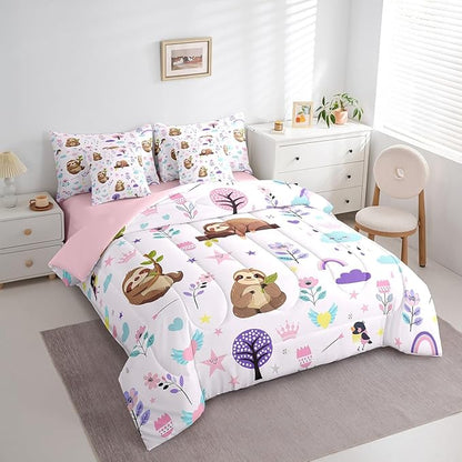 Erosebridal Kids Floral Sloth 7 Piece Bedding Sets Cartoon Animal Comforter Bed in a Bag Cute Flower Printed Quilt with Sheet Set,for Children Boy Girl Teen Kids Bedroom Decor,Queen 7Pcs