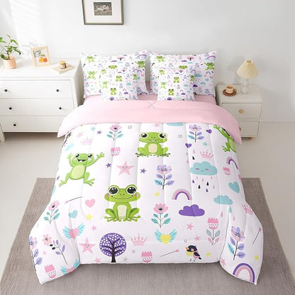 Erosebridal King Comforter Set 7 Pieces,Floral Frog Reversible Bed in a Bag King,Cartoon Animal King Bedding Set,Cute Flower Comforter, Flat Sheet, Fitted Sheet, Pillowcases, Pillow Shams