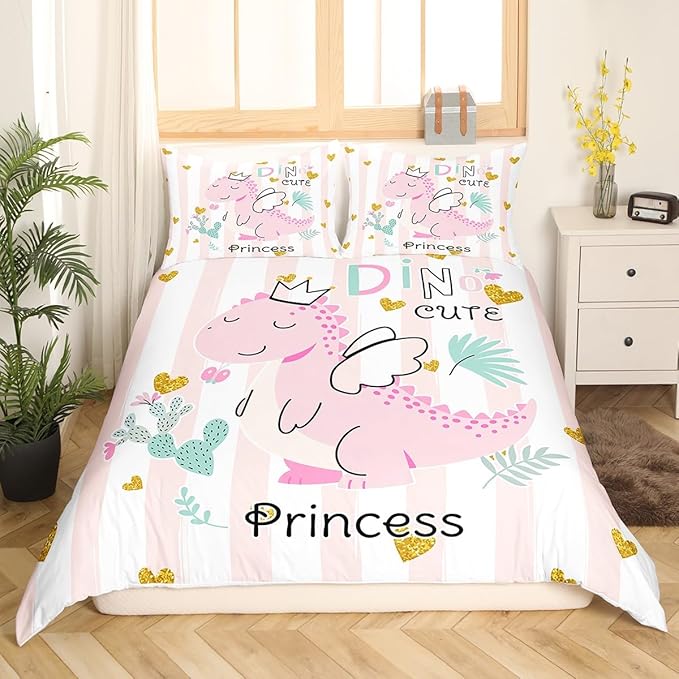 Castle Fairy Pink Dino Duvet Cover Set Full Size,Kawaii Cute Dinosaur Princess Comforter Cover with 2 Pillowcases,Cartoon Animal Girly Heart Stripes Breathable Bedspread for Boys Teens,Pillow Sham