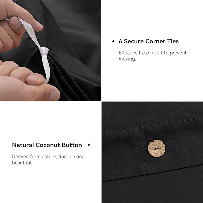 JELLYMONI Cotton Duvet Cover King Size - Pure Black Comforter Cover with Button 100% Washed Cotton 3PCS Breathable Soft Solid Bedding Set Duvet Cover 104×90in & 2 Pillowcases (NO Comforter)