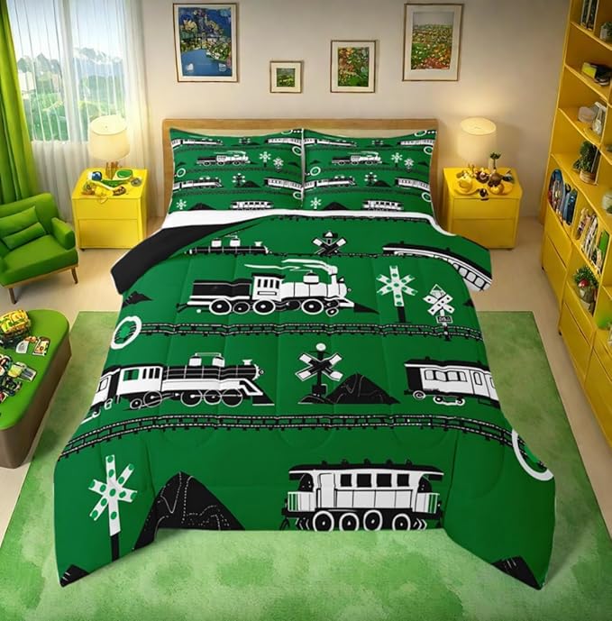 Erosebridal Boys Train Full Comforter Set Cartoon Car Toddler Bedding, Traffic Transportation Track Bedding Comforter Sets Vintage Steam Engine Railway Decor Quilt Set Room 3Pcs, Green White Black