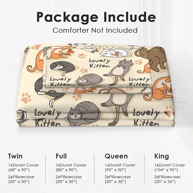 Cute Cat Theme 3 Pieces Duvet Cover Comforter Set with 2 Pillowcase Twin Size Cat Puppy Bed Sheet Quilt Bedroom Bedding for Lover Kids