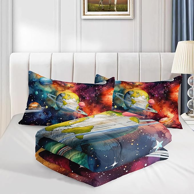 Solar System Bedding Queen Comforter Set for Boys,Starry Sky Planets Series Bedding Set Comforter for Kids Boys Girls Bedroom Decor,Space Themed Bedding Set with 2 Pillowcases.