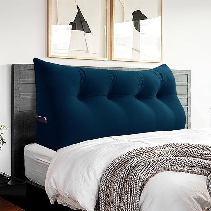 Headboard Pillow 3 in 1 Large Bed Wedge Reading Pillow, Large Couch Daybed Pillows or Positioning Support Backrest Back Cushion for Sitting in Bed Velvet Full Deep Blue