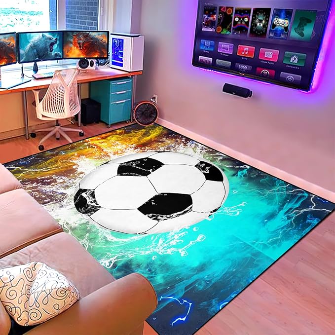 Football & Soccer Rugs for Boys Bedroom - Sports Rugs for Boys Bedroom Living Room Playroom Sports Carpet for Kids Soccer Room Decor Sofa Floor Mats, 2.5x4 Feet