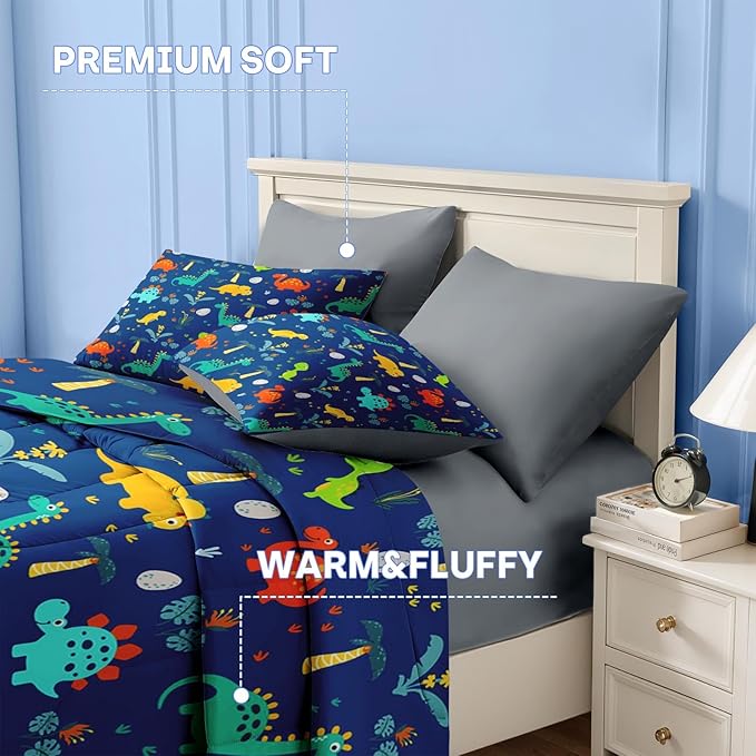 Nesker Comforter Set Full Size, Blue Dino 7 Pcs Bedding for Kids Teens, Dinosaur with Fitted Sheet 2 Pillowcases & 2 Shams for Bedroom Bed Decor