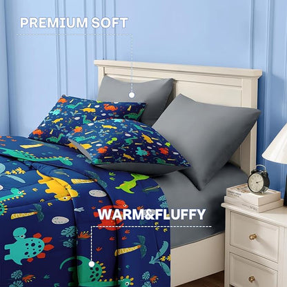 Nesker Comforter Set Full Size, Blue Dino 7 Pcs Bedding for Kids Teens, Dinosaur with Fitted Sheet 2 Pillowcases & 2 Shams for Bedroom Bed Decor