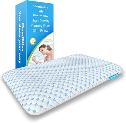 CloudBliss Ultra Slim 3.3” Pillows for Side | Back | Stomach Sleepers, Memory Foam Flat Pillow, Low Profile Sleeper Pillows with Double Sided Comfortable Breathable Pillow Cover, Standard