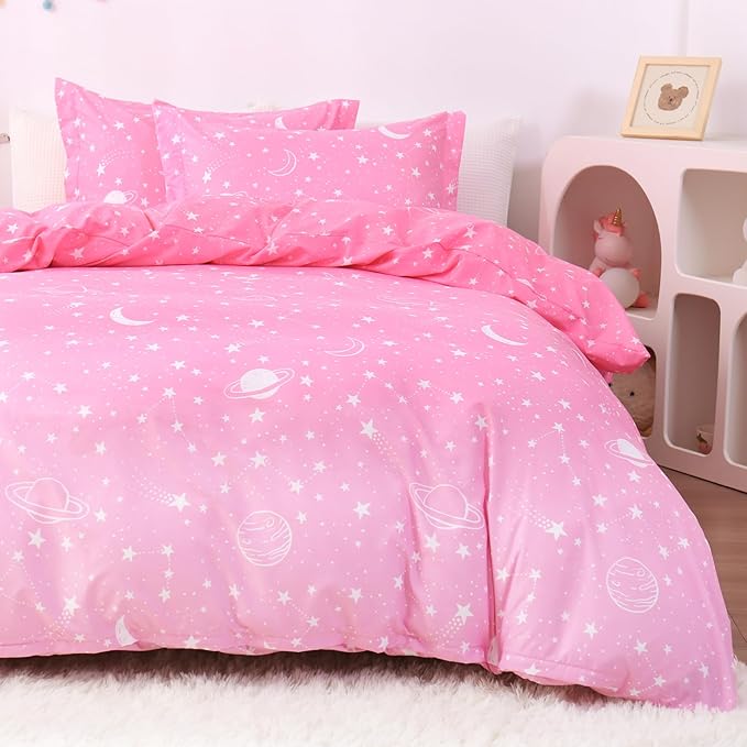 JSD Pink Stars Kids Duvet Cover Set Queen Size, 3 Piece Girls Space Theme Microfiber Comforter Cover with Pillow Shams Zipper Closure, Comforter Not Included