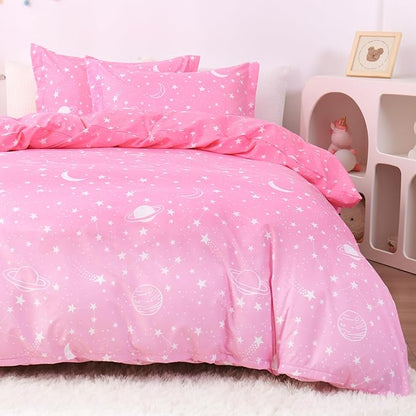 JSD Pink Stars Kids Duvet Cover Set Full Size, 3 Piece Girls Space Theme Microfiber Comforter Cover with Pillow Shams Zipper Closure, Comforter Not Included