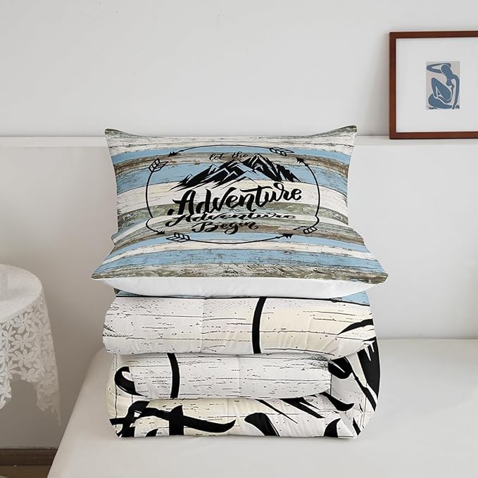 Castle Fairy Rustic Farmhouse Comforter Set Queen Size Blue Plank Bedding Set for Kids Boys Girls Bedroom Decoration Vintage Wood Bed Duvet Insert Blue Watercolor Comforter with 2 Pillowcase