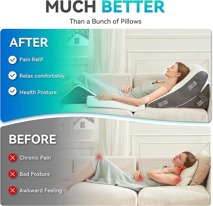 BDEUS 4PCS Bed Wedge Pillow Post Surgery, Orthopedic Sleeping Wedge Pillow Set for Back, Neck and Leg Pain Relief, Acid Reflux, GERD, Memory Foam Support Pillows for After Surgery, White