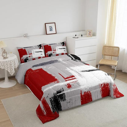 Feelyou Abstract Bedding Set Comforter Set for Kids Boys Children Modern Abstract Art Comforter Ultra Soft Decor Red Grey White Duvet Set Toddler Size
