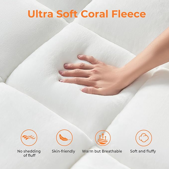 Ultra Soft Coral Fleece Queen Size Mattress Topper, No Compression Plush Thick Pillow Top Mattress Pad with Deep Pocket, Winter Warm Cozy Bed Topper Cover for Back Pain Relief