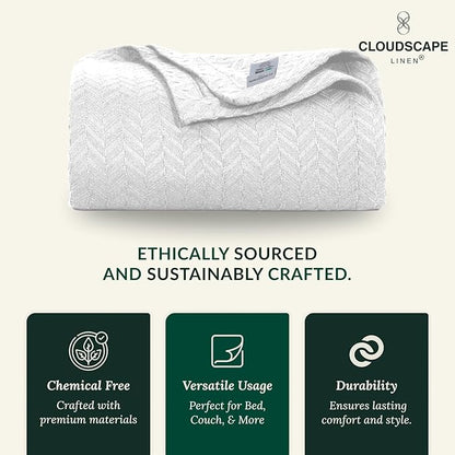 Cloud Scape Linen 100% Cotton Blanket Queen Size - Heavy and Soft, Season, Winter Cozy Thermal Blanket, Herringbone Weave, Best Gift for Women, fits Full Size Bed, 92x92, White