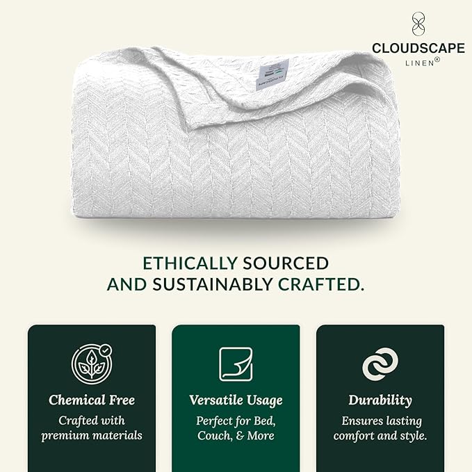 Cloud Scape Linen Herringbone Cotton Twin Blanket for Couch, Bed,Sofa, Home Decor, Soft, Weighted, All-Season, Winter Bed Blanket, Best Gift Idea, 68 x92, White