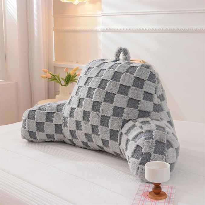 Aimuan Checkered Reading Pillow Bed Rest Wedge Backrest Checkerboard Pillow with Arms Back Support for Sitting Up in Bed Cushion Incline Rest Sleeping Snoring Pillow (Grey,Standard)