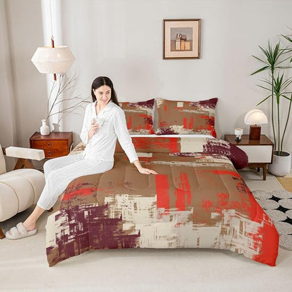 Feelyou Abstract Bedding Set Kids Modern Abstract Art Comforter Set Brown Orange Comforter for Boys Room Decor Lightweight Retro Duvet Set Full Size with 2 Pillow Case