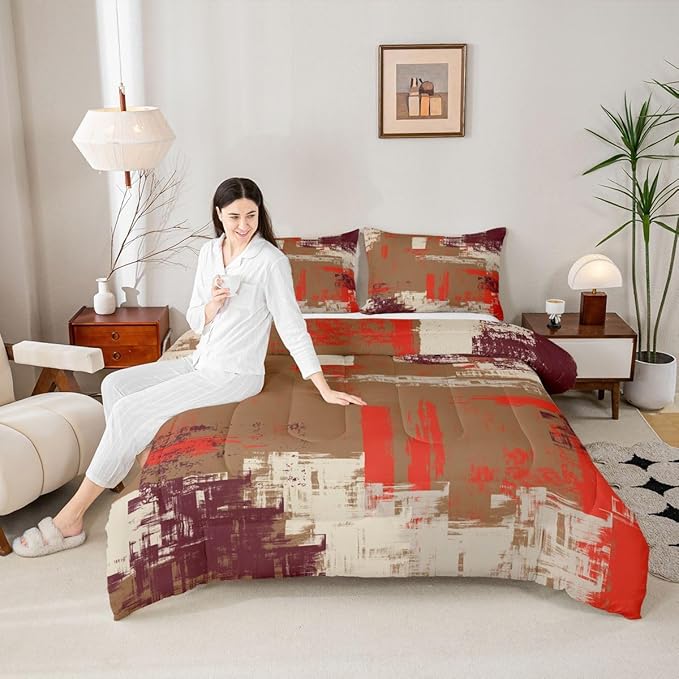 Feelyou Abstract Bedding Set Kids Modern Abstract Art Comforter Set Brown Orange Comforter for Boys Room Decor Lightweight Retro Duvet Set King Size with 2 Pillow Case