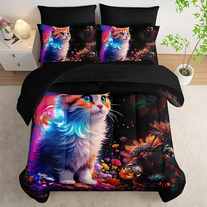 Cartoon Kawaii Cat Comforter 7Pcs 3D Animal Flower Toddler Bedding Set Cat Lovers Animal Bubble Quilt Bed Set for Kid Girl Boy Teen Adult Full with 2 Sheets,2 Pillowcases,2 Throw Pillow Covers