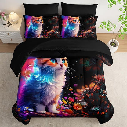 Cartoon Kawaii Cat Comforter 7Pcs 3D Animal Flower Toddler Bedding Set Cat Lovers Animal Bubble Quilt Bed Set for Kid Girl Boy Teen Adult Full with 2 Sheets,2 Pillowcases,2 Throw Pillow Covers