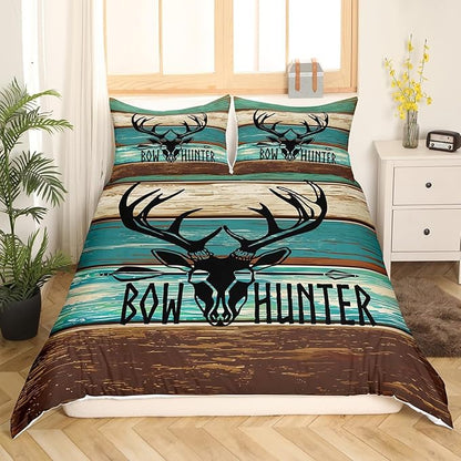 Castle Fairy Farmhouse Rustic Queen Duvet Cover for Kids Boys,Hunting Deer Antlers Skull Bedding Set with 2 Pillowcases Comforter Cover,Retro Animal Hunter Bed Spread Quilt Cover 3pcs,Modern