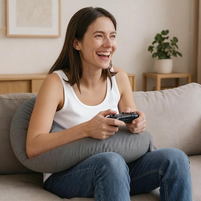 XWZO Reading Pillow for Gaming, Crocheting or Playing with Strong Arm Support, Gaming Pillow for Arm Rest When Sitting in Bed & Sofa, Lap Pillow Swen with Tiebacks and Side Pocket, Grey