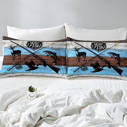 Deer Bird Fish Animal Hunting Bedding Set Queen Size,Hunt Fish Themed Duvet Cover Set for Children Bedroom Present, Rustic Blue Wooden Board Microfiber Comforter Cover with 2 Pillowcases