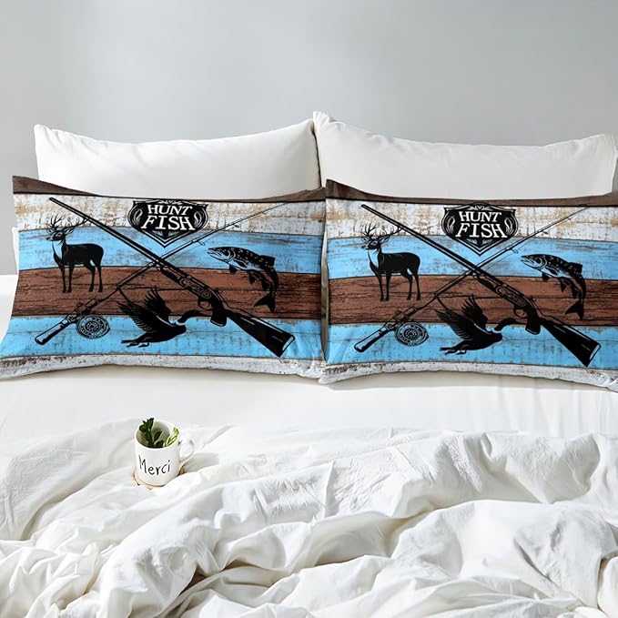 Deer Bird Fish Animal Hunting Duvet Cover Set King Size,Hunt Fish Themed Comforter Cover with 2 Pillowcases,Rustic Blue Wooden Board Modern Bedding Set for Adult Young Bedroom Xmas Gift