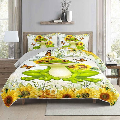 AILONEN Soft Quilt Set Full Size,Sunflower Frog Bedspread Coverlet with 2 Pillowcases,3-Piece Yellow Green Lightweight Bed Cover