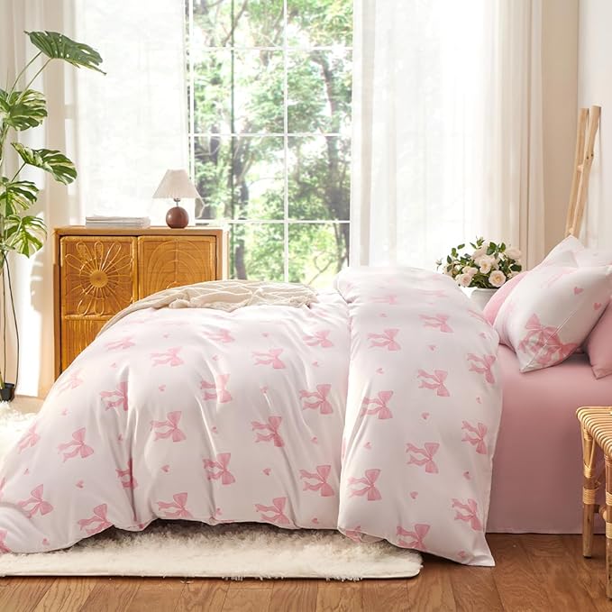 Bow Bedding Duvet Cover Queen 3Pcs Pink Heart Bedding Set for Girls Kids,Cute Princess Style Bowknot Love Heart Design,Ultra Soft Comforter Cover with 2 Pillowcases(No Comforter)