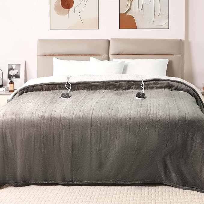 Bearhug Electric Heated Blanket Heating Blanket Queen Size 84"x 90" Warm Throw Gift Dual Controllers Velvet & Sherpa, 10 Levels & 0.5-12H Auto Off, Over-Heat Protect, ETL, Machine Washable