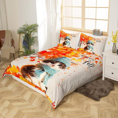 Happy Fall Bedding Set Queen Size,Cute Watercolor Cat Cartoon Animal Duvet Cover Set for Children Adult,Autumn Maple Leaves Tree Rustic Soft Comforter Cover for Dorm Room, Zipper, Ties