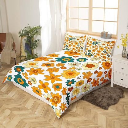70s Retro Flowers Bedding Set Twin,Vintage Autumn Floral Duvet Cover with 1 Pillow Sham Comforter Cover for Kids Boys,Wavy Geometric Hippie Quilt Cover Set Decorative 2 Pcs