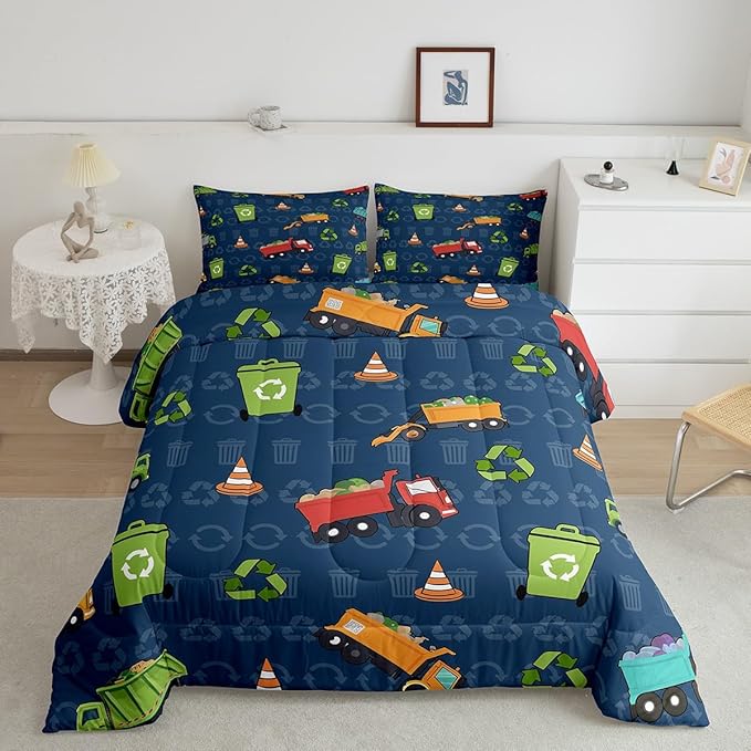 Erosebridal Kids Bedding Toddler Size Garbage Truck Comforter Set, Cartoon Car Vehicles Bedding Comforter Sets for Boys Girls Trash Waste Management Vehicle Duvet Set Refuse Classification Quilt 2Pcs