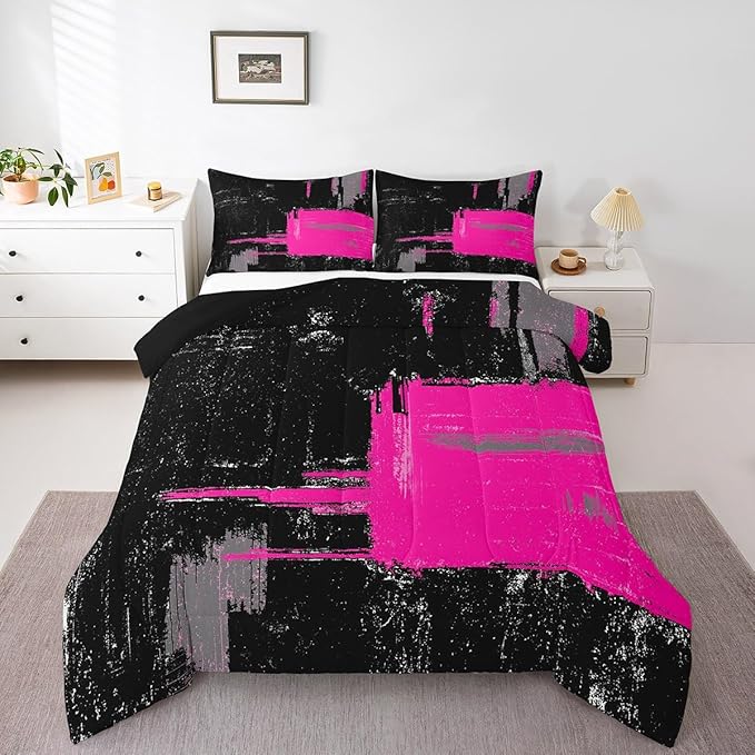 Feelyou Black Hot Pink Comforter King Size Geometric Comforter Set for Boys Girls Children Abstract Bedding Set Room Decor Modern Art Duvet Set 3Pcs
