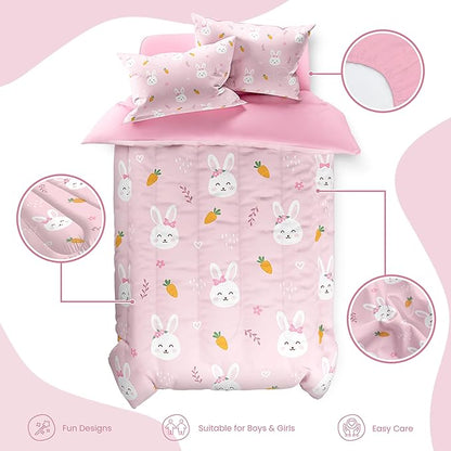 SANDJEST Rabbit Comforter Set Full Size 98x86in for Kids Girls, Microfiber 4 Pcs Bedding Set Includes 1 Comforter, 2 Pillowcases, 1 Fitted Sheet, Nursery Room Decor
